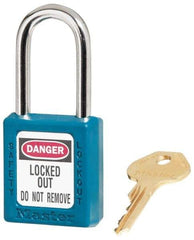 Master Lock - Keyed Alike Conductive Lockout Padlock - 1-1/2" Shackle Clearance, 1/4" Shackle Diam, 1-3/4" Body Height x 1-1/2" Body Width, Teal, 6 Pins - Eagle Tool & Supply