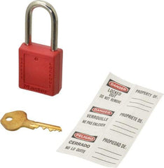 Master Lock - Keyed Alike Nonconductive Lockout Padlock - 1-1/2" Shackle Clearance, 1/4" Shackle Diam, 1-3/4" Body Height x 1-1/2" Body Width, Red, 6 Pins - Eagle Tool & Supply