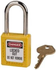 Master Lock - Keyed Alike Nonconductive Lockout Padlock - 1-1/2" Shackle Clearance, 1/4" Shackle Diam, 1-3/4" Body Height x 1-1/2" Body Width, Yellow, 6 Pins - Eagle Tool & Supply
