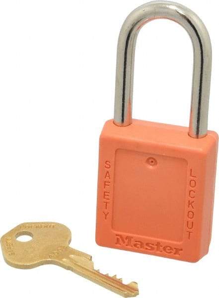 Master Lock - Keyed Alike Nonconductive Lockout Padlock - 1-1/2" Shackle Clearance, 1/4" Shackle Diam, 1-3/4" Body Height x 1-1/2" Body Width, Orange, 6 Pins - Eagle Tool & Supply