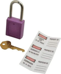 Master Lock - Keyed Alike Nonconductive Lockout Padlock - 1-1/2" Shackle Clearance, 1/4" Shackle Diam, 1-3/4" Body Height x 1-1/2" Body Width, Purple, 6 Pins - Eagle Tool & Supply