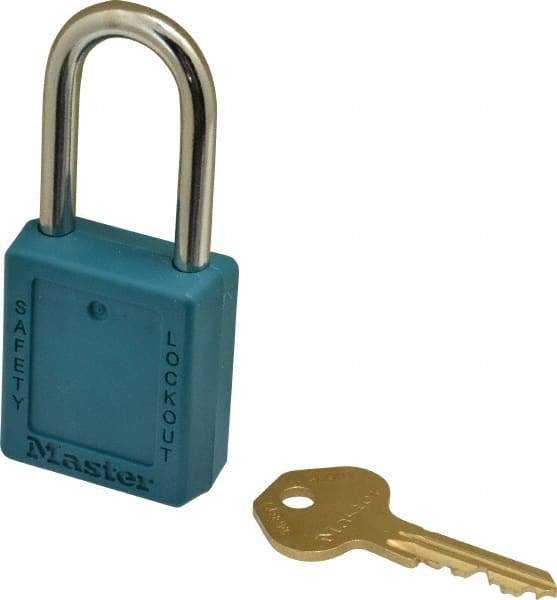 Master Lock - Keyed Alike Nonconductive Lockout Padlock - 1-1/2" Shackle Clearance, 1/4" Shackle Diam, 1-3/4" Body Height x 1-1/2" Body Width, Teal, 6 Pins - Eagle Tool & Supply