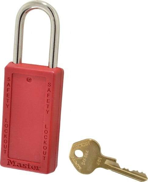 Master Lock - Keyed Different Nonconductive Lockout Padlock - 1-1/2" Shackle Clearance, 1/4" Shackle Diam, 3" Body Height x 1-1/2" Body Width, Red, 6 Pins - Eagle Tool & Supply