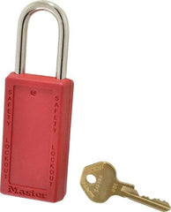Master Lock - Keyed Different Nonconductive Lockout Padlock - 1-1/2" Shackle Clearance, 1/4" Shackle Diam, 3" Body Height x 1-1/2" Body Width, Red, 6 Pins - Eagle Tool & Supply