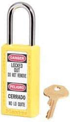 Master Lock - Keyed Alike Nonconductive Lockout Padlock - 1-1/2" Shackle Clearance, 1/4" Shackle Diam, 3" Body Height x 1-1/2" Body Width, Yellow, 6 Pins - Eagle Tool & Supply