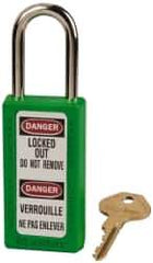 Master Lock - Keyed Different Nonconductive Lockout Padlock - 1-1/2" Shackle Clearance, 1/4" Shackle Diam, 3" Body Height x 1-1/2" Body Width, Green, 6 Pins - Eagle Tool & Supply