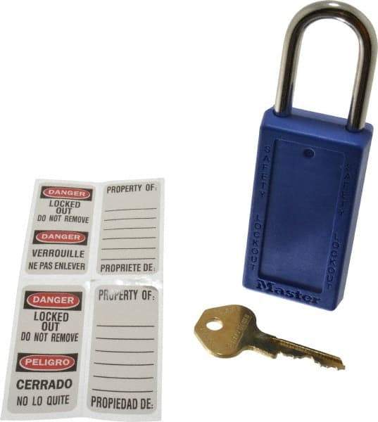 Master Lock - Keyed Different Nonconductive Lockout Padlock - 1-1/2" Shackle Clearance, 1/4" Shackle Diam, 3" Body Height x 1-1/2" Body Width, Blue, 6 Pins - Eagle Tool & Supply