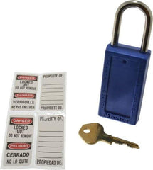 Master Lock - Keyed Different Nonconductive Lockout Padlock - 1-1/2" Shackle Clearance, 1/4" Shackle Diam, 3" Body Height x 1-1/2" Body Width, Blue, 6 Pins - Eagle Tool & Supply