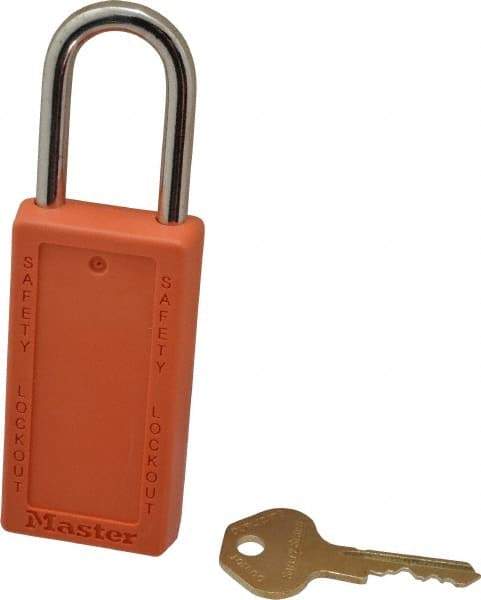 Master Lock - Keyed Different Nonconductive Lockout Padlock - 1-1/2" Shackle Clearance, 1/4" Shackle Diam, 3" Body Height x 1-1/2" Body Width, Orange, 6 Pins - Eagle Tool & Supply