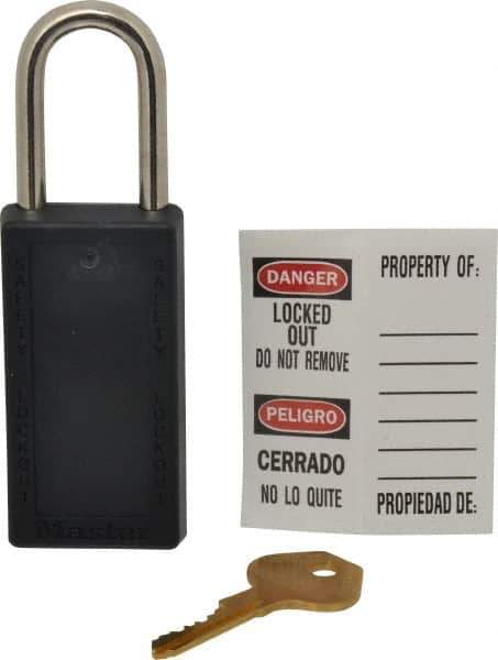 Master Lock - Keyed Different Nonconductive Lockout Padlock - 1-1/2" Shackle Clearance, 1/4" Shackle Diam, 3" Body Height x 1-1/2" Body Width, Black, 6 Pins - Eagle Tool & Supply