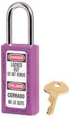 Master Lock - Keyed Alike Nonconductive Lockout Padlock - 1-1/2" Shackle Clearance, 1/4" Shackle Diam, 3" Body Height x 1-1/2" Body Width, Purple, 6 Pins - Eagle Tool & Supply