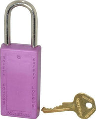 Master Lock - Keyed Different Nonconductive Lockout Padlock - 1-1/2" Shackle Clearance, 1/4" Shackle Diam, 3" Body Height x 1-1/2" Body Width, Purple, 6 Pins - Eagle Tool & Supply