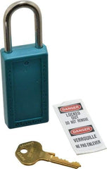 Master Lock - Keyed Different Nonconductive Lockout Padlock - 1-1/2" Shackle Clearance, 1/4" Shackle Diam, 3" Body Height x 1-1/2" Body Width, Teal, 6 Pins - Eagle Tool & Supply