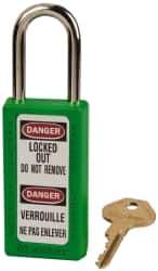 Master Lock - Keyed Alike Nonconductive Lockout Padlock - 1-1/2" Shackle Clearance, 1/4" Shackle Diam, 3" Body Height x 1-1/2" Body Width, Green, 6 Pins - Eagle Tool & Supply