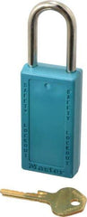 Master Lock - Keyed Alike Nonconductive Lockout Padlock - 1-1/2" Shackle Clearance, 1/4" Shackle Diam, 3" Body Height x 1-1/2" Body Width, Teal, 6 Pins - Eagle Tool & Supply