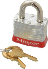 Master Lock - Keyed Different Retaining Key Conductive Lockout Padlock - 3/4" Shackle Clearance, 9/32" Shackle Diam, 3/8" Body Height x 1-9/16" Body Width, Red, 4 Pins - Eagle Tool & Supply