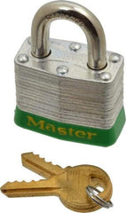 Master Lock - Keyed Different Retaining Key Conductive Lockout Padlock - 3/4" Shackle Clearance, 9/32" Shackle Diam, 1-1/4" Body Height x 1-9/16" Body Width, Green, 4 Pins - Eagle Tool & Supply