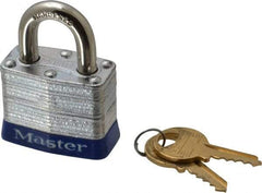 Master Lock - Keyed Different Retaining Key Conductive Lockout Padlock - 3/4" Shackle Clearance, 9/32" Shackle Diam, 1-1/4" Body Height x 1-9/16" Body Width, Blue, 4 Pins - Eagle Tool & Supply