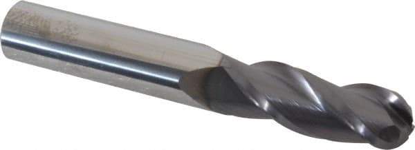 Accupro - 3/8" Diam, 1" LOC, 3 Flute Solid Carbide Ball End Mill - AlTiN Finish, Single End, 2-1/2" OAL, 3/8" Shank Diam, Spiral Flute - Eagle Tool & Supply