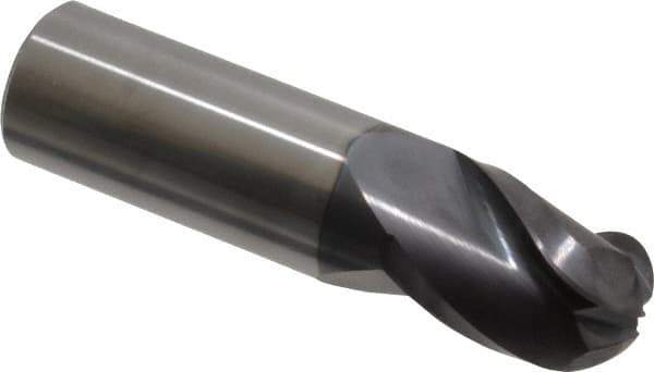 Accupro - 3/4" Diam, 1" LOC, 3 Flute Solid Carbide Ball End Mill - AlTiN Finish, Single End, 3" OAL, 3/4" Shank Diam, Spiral Flute - Eagle Tool & Supply