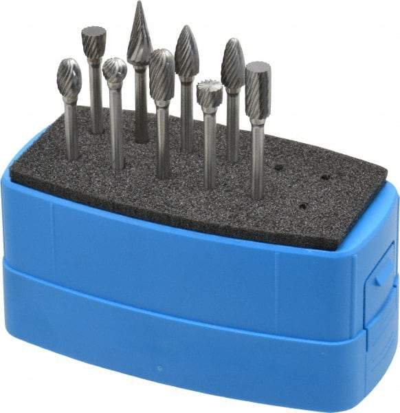 Made in USA - 9 Piece, 1/8" Shank Burr Set - Solid Carbide, Multiple Head Shapes - Eagle Tool & Supply