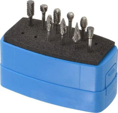 Made in USA - 9 Piece, 1/8" Shank Burr Set - Solid Carbide, Multiple Head Shapes - Eagle Tool & Supply