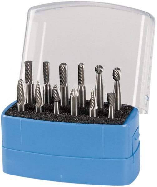 Made in USA - 12 Piece, 1/4" Shank Burr Set - Solid Carbide, Multiple Head Shape - Eagle Tool & Supply