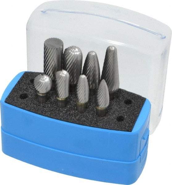 Made in USA - 8 Piece, 1/4" Shank Burr Set - Solid Carbide, Multiple Head Shapes, 14° Included Angle - Eagle Tool & Supply