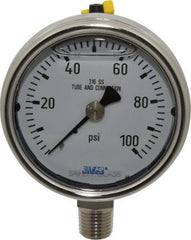 Wika - 2-1/2" Dial, 1/4 Thread, 0-100 Scale Range, Pressure Gauge - Lower Connection Mount, Accurate to 2-1-2% of Scale - Eagle Tool & Supply