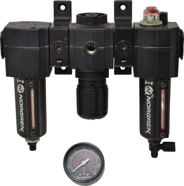 Norgren - 3/8" NPT Port Intermediate 3 Piece Filter-Regulator-Lubricator FRL Unit - Metal Bowl, 75 SCFM, 250 Max psi, 82" High x 9.13" Long, Automatic Drain - Eagle Tool & Supply