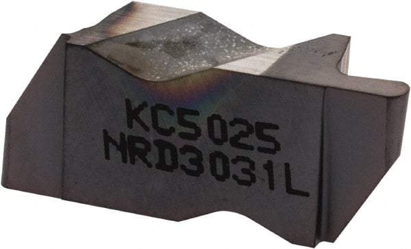 Kennametal - 3031NRD Grade KC5025, 1.58mm Cutting Width Carbide Grooving Insert - 3.18mm Max Depth of Cut, Left Hand, 0.79mm Corner Radius, TiAlN Finish - Eagle Tool & Supply