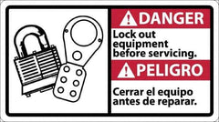NMC - "Danger - Lock Out Equipment Before Servicing", 10" Long x 18" Wide, Pressure-Sensitive Vinyl Safety Sign - Rectangle, 0.004" Thick, Use for Security & Admittance - Eagle Tool & Supply