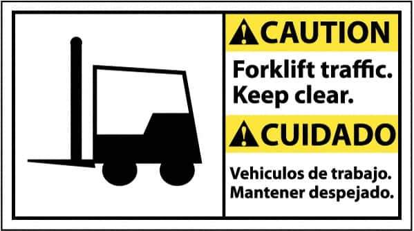 NMC - "Caution - Forklift Traffic - Keep Clear", 10" Long x 18" Wide, Pressure-Sensitive Vinyl Safety Sign - Rectangle, 0.004" Thick, Use for Accident Prevention - Eagle Tool & Supply