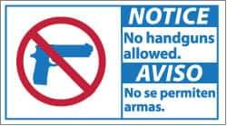 NMC - "Notice - No Handguns Allowed", 10" Long x 18" Wide, Pressure-Sensitive Vinyl Safety Sign - Rectangle, 0.004" Thick, Use for Security & Admittance - Eagle Tool & Supply