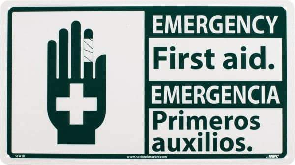 NMC - "Emergency - First Aid", 10" Long x 18" Wide, Rigid Plastic Safety Sign - Rectangle, 0.05" Thick, Use for First Aid - Eagle Tool & Supply