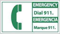NMC - "Emergency - Dial 911", 10" Long x 18" Wide, Pressure-Sensitive Vinyl Safety Sign - Rectangle, 0.004" Thick, Use for First Aid - Eagle Tool & Supply