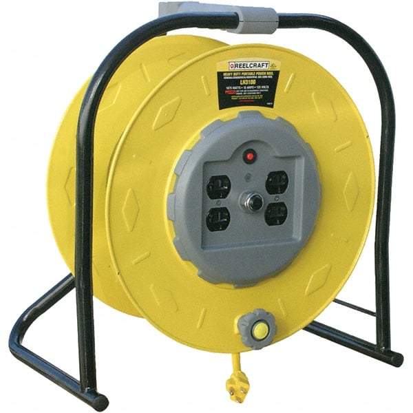 Reelcraft - 10 AWG, 100' Cable Length, Cord & Cable Reel with Quad Outlet End - 4 Outlets, 15 Amps, 125 Volts, STW Cable, Yellow Reel, Hand Crank Reel - Eagle Tool & Supply