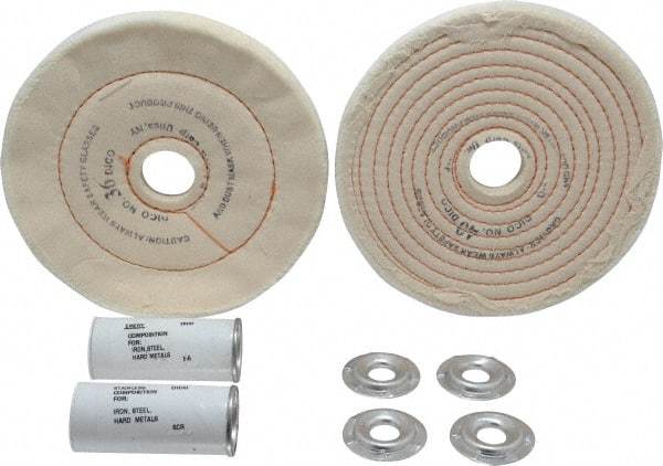 Dico - 6" Diam Cushion Sewn, Spiral Sewn Buffing Wheel Set - 1/2 - 1" Arbor Hole, Emery - Eagle Tool & Supply