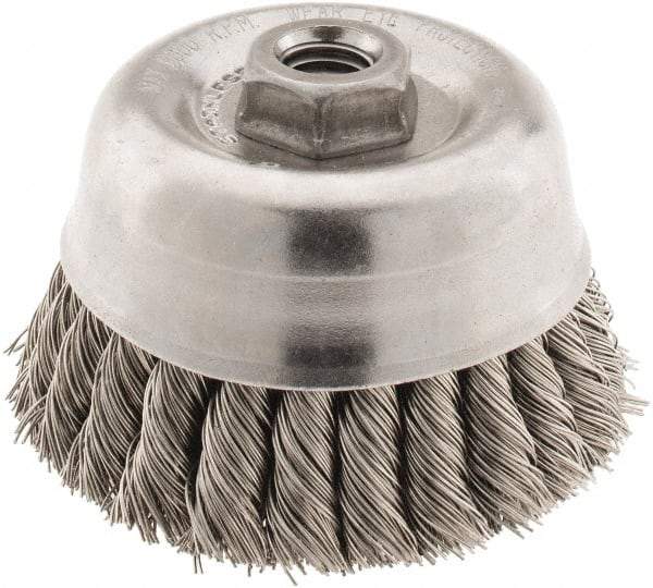 Anderson - 4" Diam, 5/8-11 Threaded Arbor, Stainless Steel Fill Cup Brush - 0.02 Wire Diam, 1-1/4" Trim Length, 9,000 Max RPM - Eagle Tool & Supply