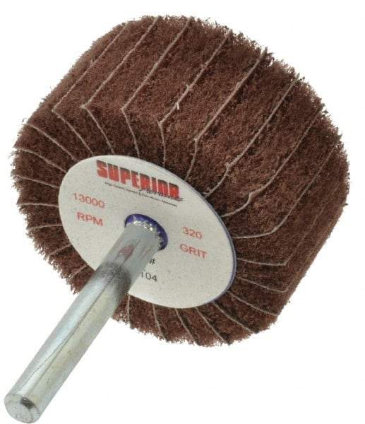 Superior Abrasives - 2" Diam x 1" Face Width, Extra Fine Aluminum Oxide Nonwoven & Coated Mounted Flap Wheel - 1/4" Shank Mount, 320 Grit, Interleaf, Cloth Backing, 12,000 Max RPM - Eagle Tool & Supply