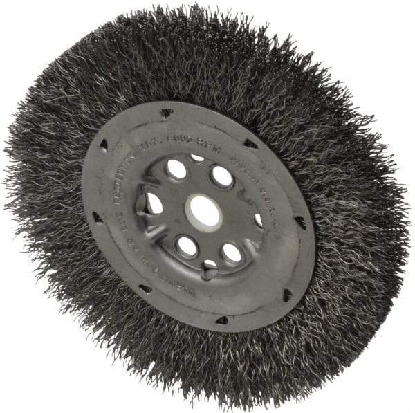 Anderson - 6" OD, 5/8" Arbor Hole, Crimped Steel Wheel Brush - 3/4" Face Width, 1-1/8" Trim Length, 0.014" Filament Diam, 6,000 RPM - Eagle Tool & Supply