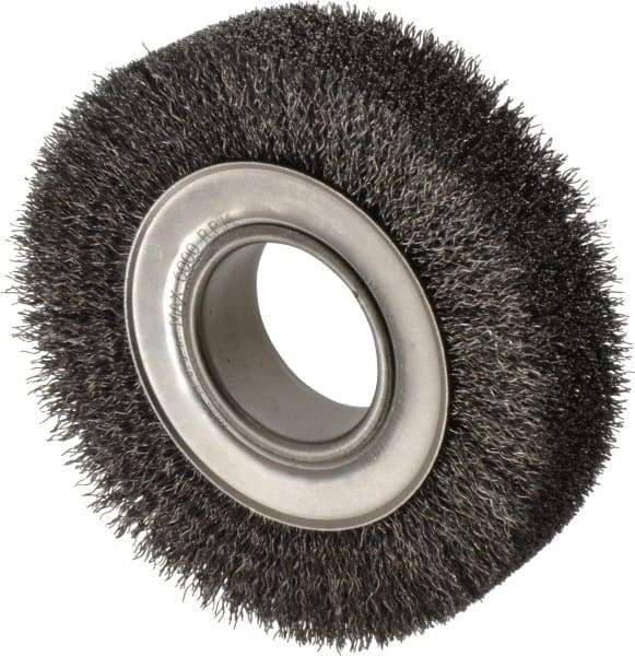 Anderson - 6" OD, 2" Arbor Hole, Crimped Steel Wheel Brush - 1-1/2" Face Width, 1-1/8" Trim Length, 0.014" Filament Diam, 6,000 RPM - Eagle Tool & Supply