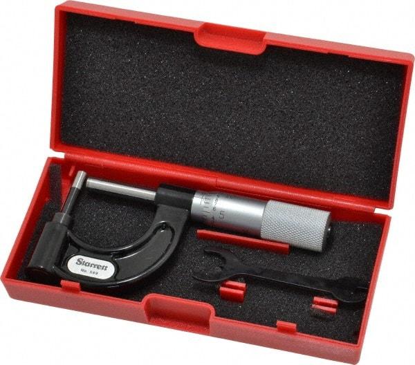 Starrett - 1 Inch Measurement Range, 0.001 Inch Graduation, Post Anvil, Plain Thimble, Mechanical Anvil, Tube Micrometer - 39/64 Inch Head Diameter, Satin Chrome Finish, Carbide, Includes Case - Eagle Tool & Supply