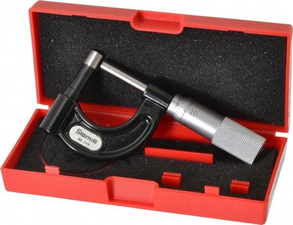 Starrett - 1 Inch Measurement Range, 0.001 Inch Graduation, Post Anvil, Plain Thimble, Mechanical Anvil, Tube Micrometer - 39/64 Inch Head Diameter, Satin Chrome Finish, Carbide, Includes Case - Eagle Tool & Supply