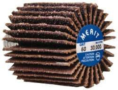 Merit Abrasives - 1" Diam x 1" Face Width, Medium Ceramic Alumina Coated Mounted Flap Wheel - 1/4-20 Threaded Mount, 60 Grit, Cloth Backing, 30,000 Max RPM - Eagle Tool & Supply