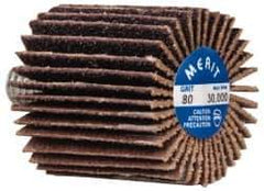 Merit Abrasives - 1" Diam x 1" Face Width, Medium Ceramic Alumina Coated Mounted Flap Wheel - 1/4-20 Threaded Mount, 80 Grit, Cloth Backing, 30,000 Max RPM - Eagle Tool & Supply