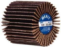 Merit Abrasives - 1" Diam x 1" Face Width, Fine Ceramic Alumina Coated Mounted Flap Wheel - 1/4-20 Threaded Mount, 120 Grit, Cloth Backing, 30,000 Max RPM - Eagle Tool & Supply
