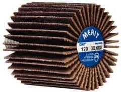 Merit Abrasives - 1" Diam x 1" Face Width, Fine Ceramic Alumina Coated Mounted Flap Wheel - 1/4-20 Threaded Mount, 120 Grit, Cloth Backing, 30,000 Max RPM - Eagle Tool & Supply