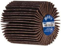 Merit Abrasives - 1" Diam x 1" Face Width, Very Fine Ceramic Alumina Coated Mounted Flap Wheel - 1/4-20 Threaded Mount, 180 Grit, Cloth Backing, 30,000 Max RPM - Eagle Tool & Supply