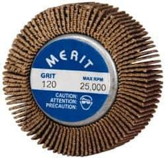 Merit Abrasives - 1-5/8" Diam x 1/2" Face Width, Fine Ceramic Alumina Coated Mounted Flap Wheel - 1/4-20 Threaded Mount, 120 Grit, Cloth Backing, 25,000 Max RPM - Eagle Tool & Supply